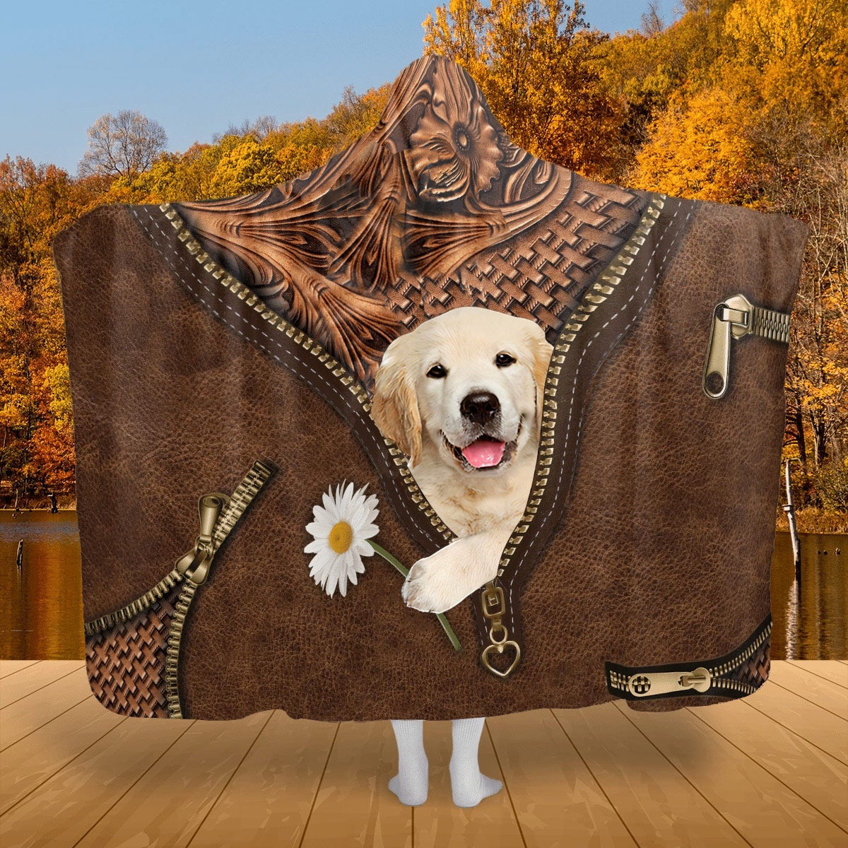 Golden Retriever Holding Daisy Hooded Blanket