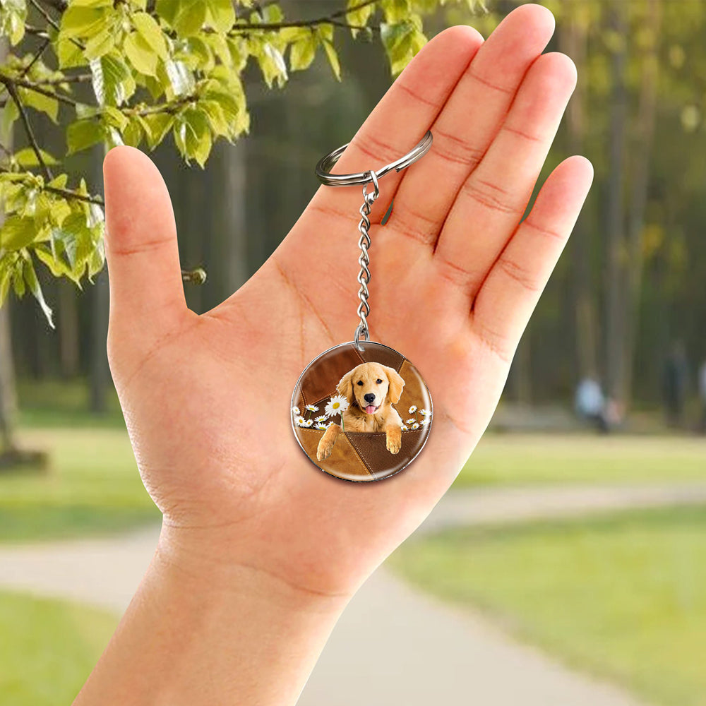 Golden Retriever03 Holding Daisy-Round Resin Epoxy Metal Keychain