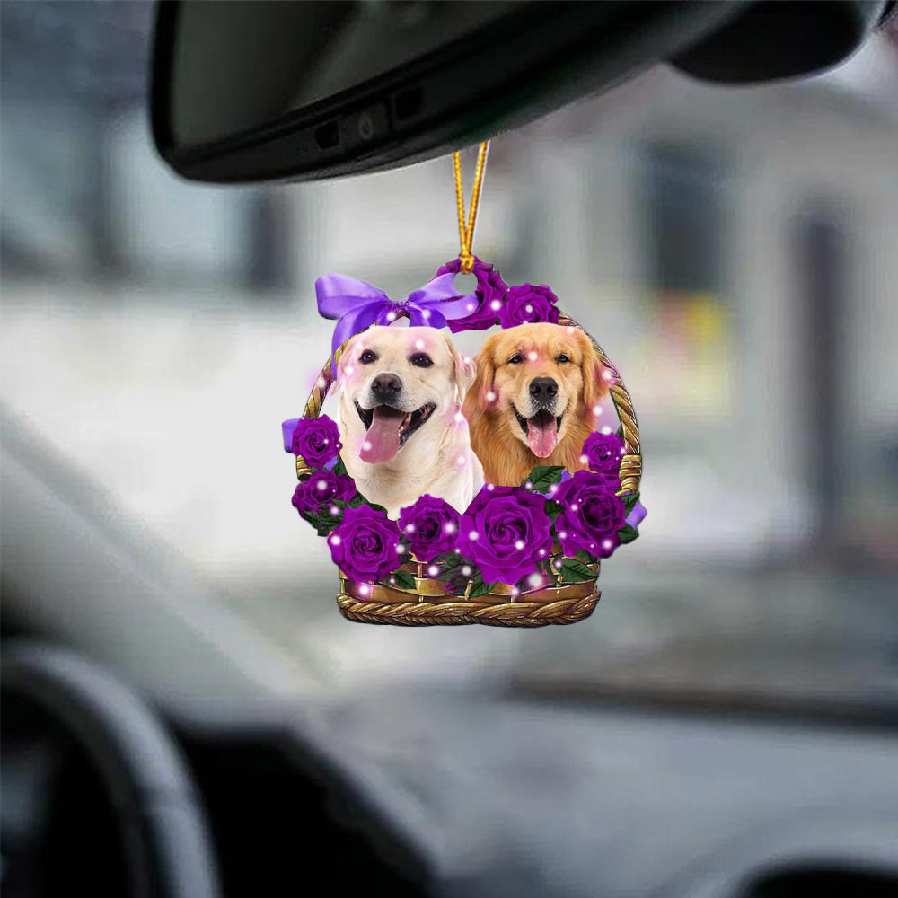 Golden Retriever Purple Rose Wicker Basket Car Hanging Ornament