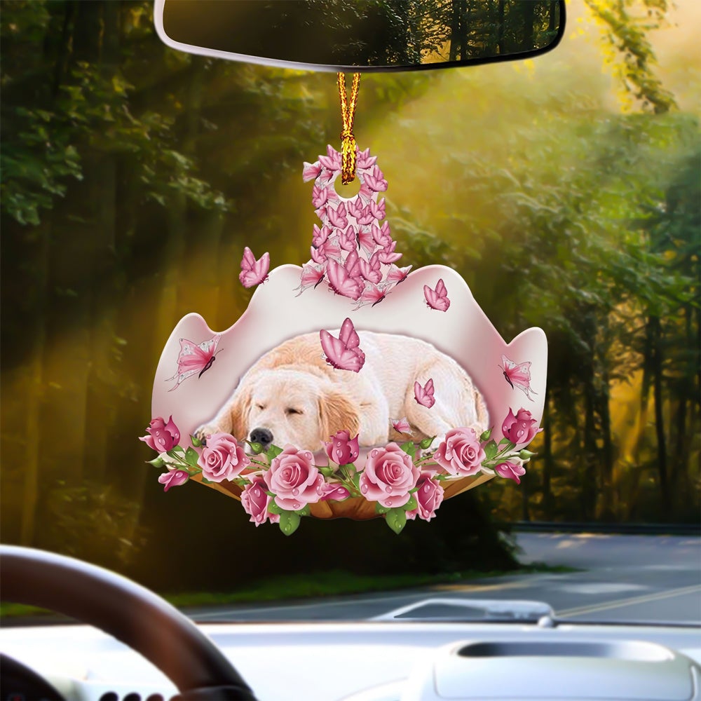 Golden Retriever Sleeping In Rose Garden Car Hanging Ornament