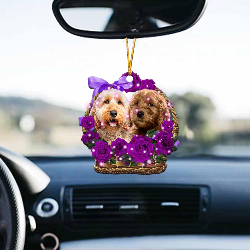 Goldendoodle2 Purple Rose Wicker Basket Car Hanging Ornament
