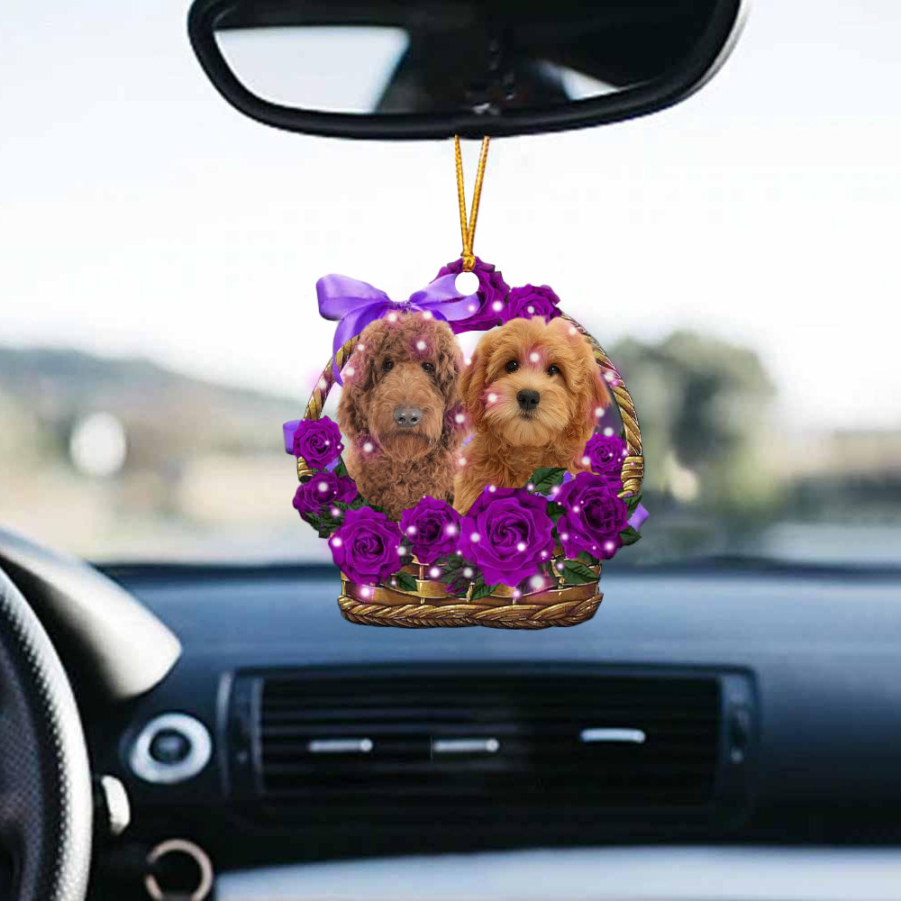 Goldendoodle Purple Rose Wicker Basket Car Hanging Ornament