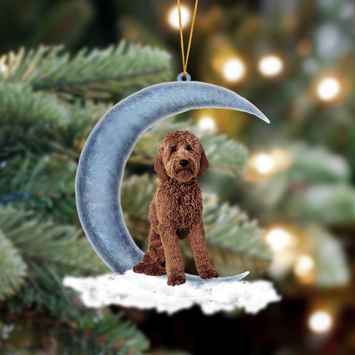 Goldendoodle Sits On The Moon Hanging Ornament