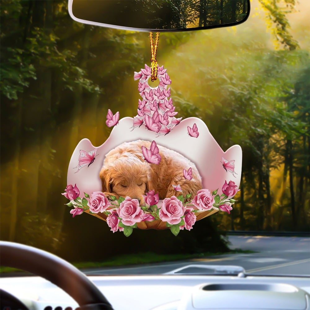 Goldendoodle Sleeping In Rose Garden Car Hanging Ornament