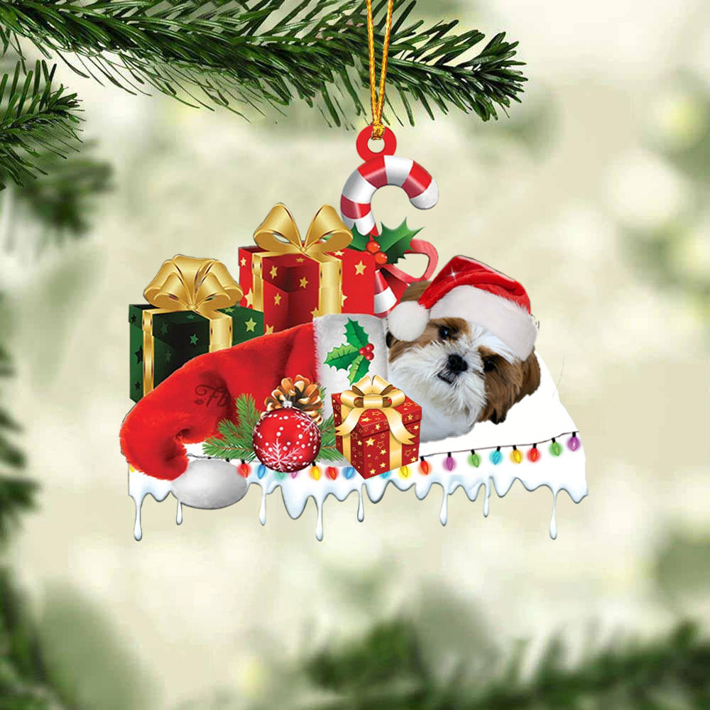 Gold white shih tzu Merry Christmas Hanging Ornament-0211
