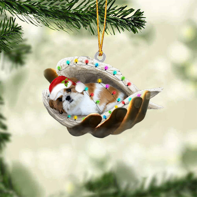 Gold white shih tzu Sleeping Angel In God Hand Christmas Ornament