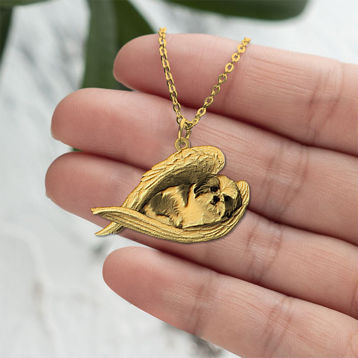 Gold white shih tzu Sleeping Angel Necklace