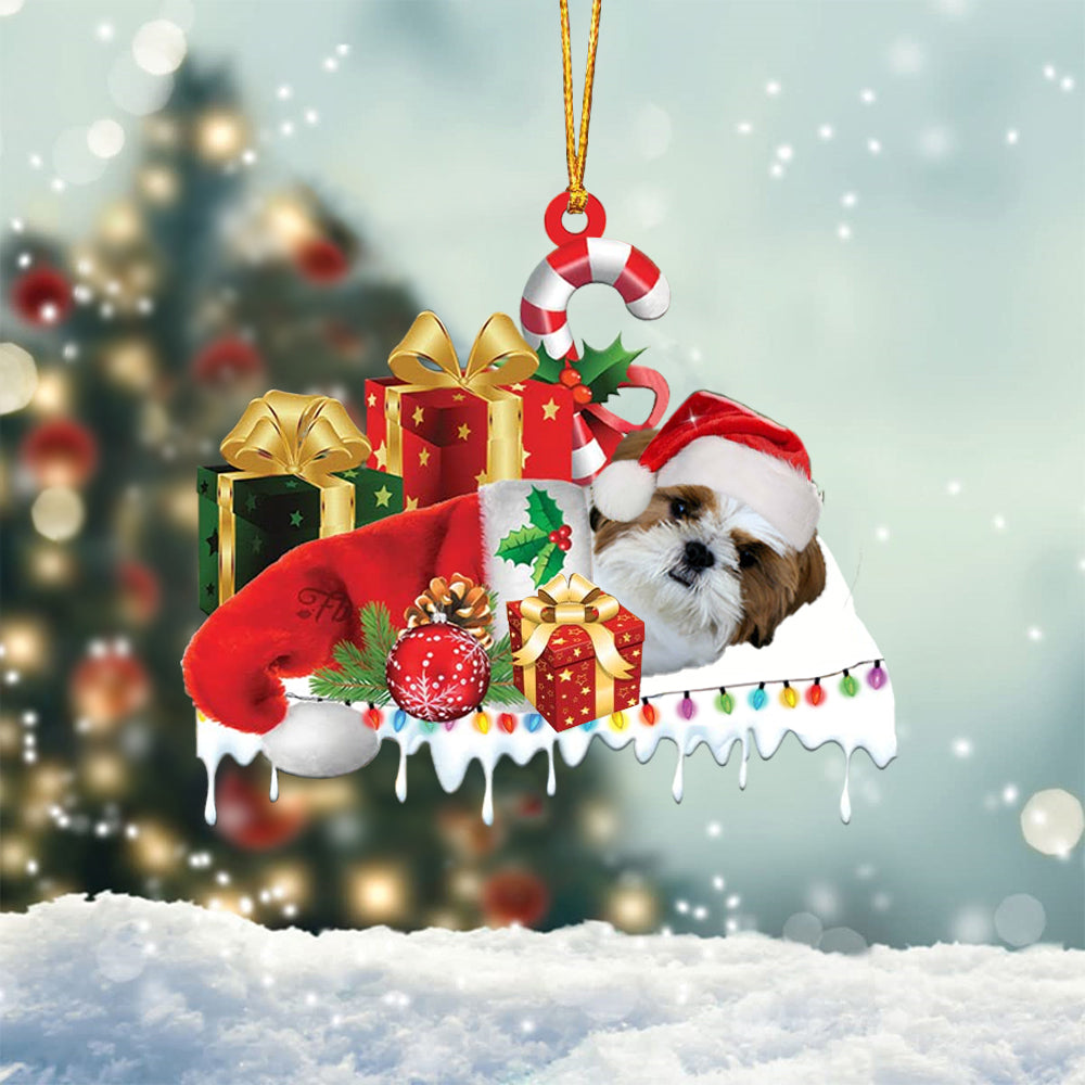 Gold white shih tzu Merry Christmas Hanging Ornament-0211