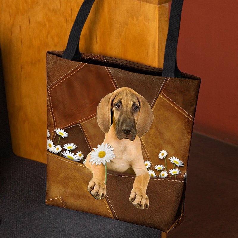 Great Dane Holding Daisy All Over Printed Tote Bag