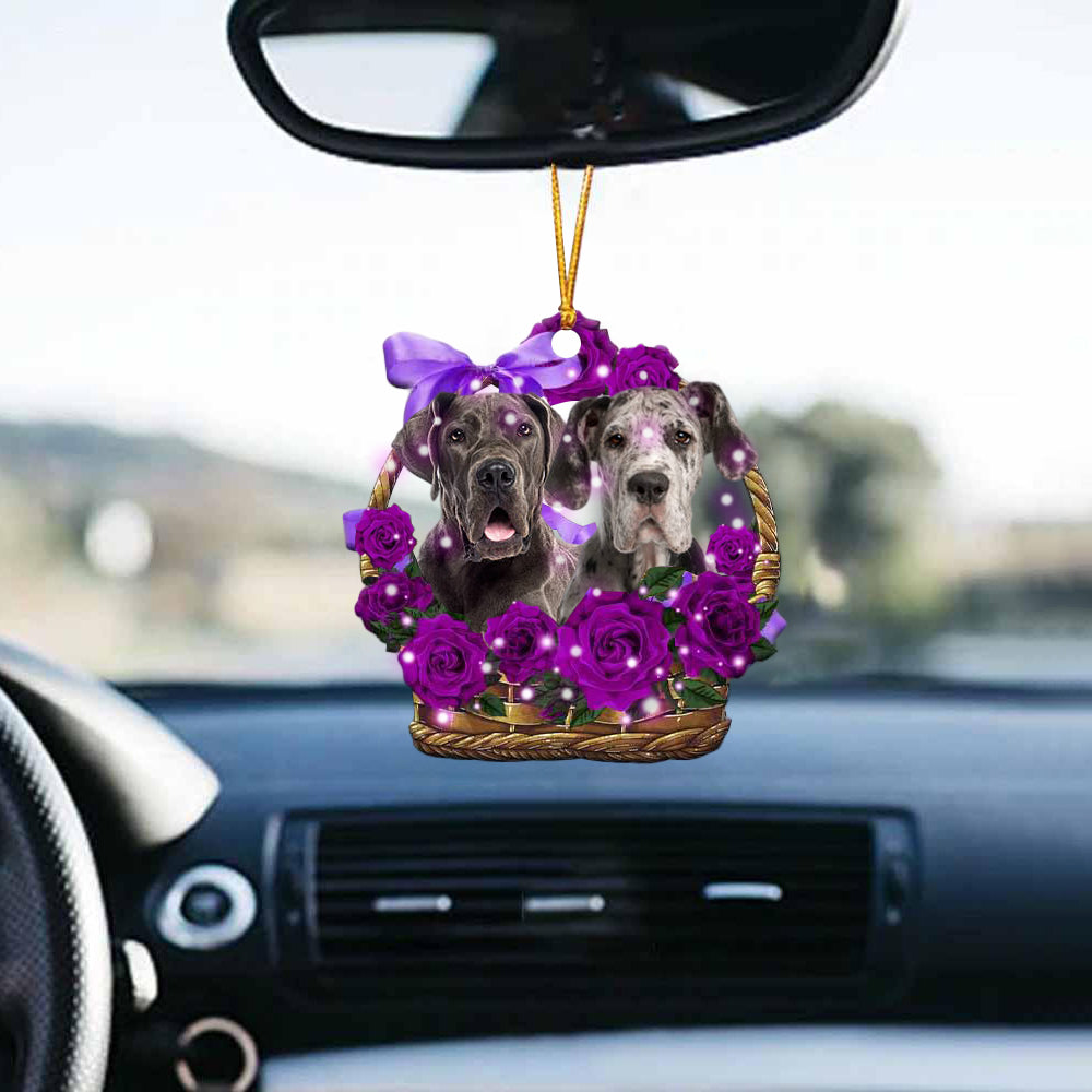 Great Dane Purple Rose Wicker Basket Car Hanging Ornament