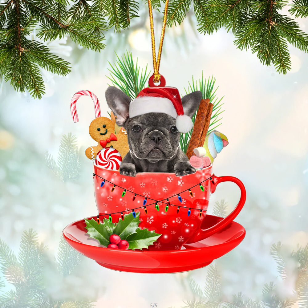 Grey French Bulldog In Cup Merry Christmas Ornament