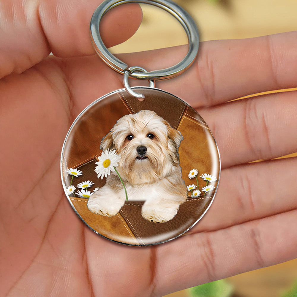 Havanese Holding Daisy-Round Resin Epoxy Metal Keychain