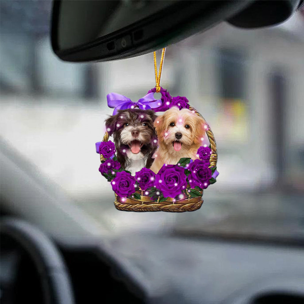 Havanese Purple Rose Wicker Basket Car Hanging Ornament