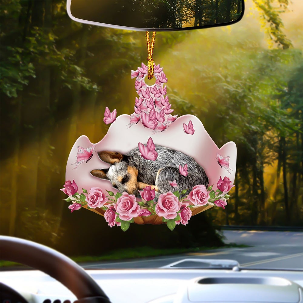 Heeler 2 Sleeping In Rose Garden Car Hanging Ornament
