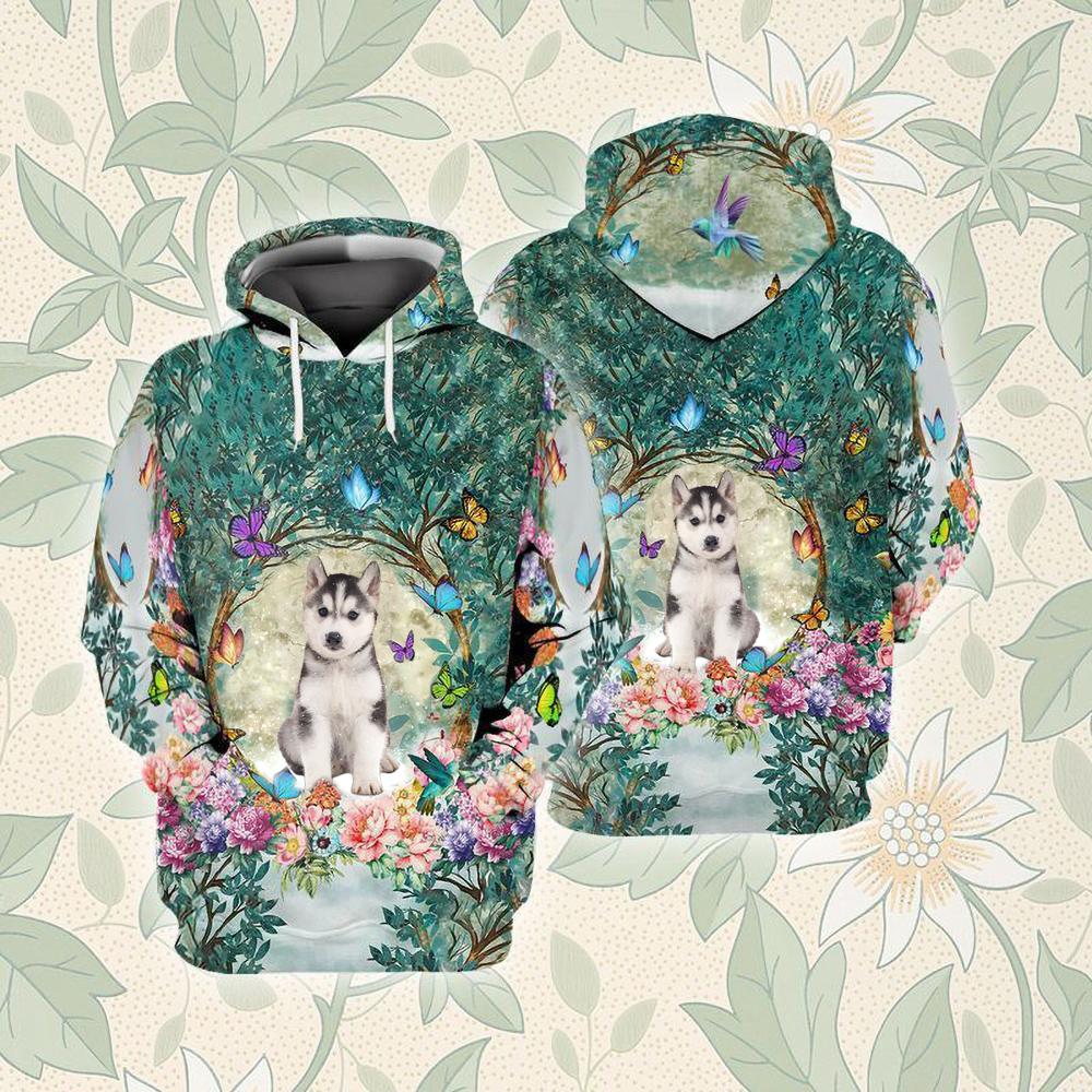 Husky Puppy Among Forest Unisex Hoodie
