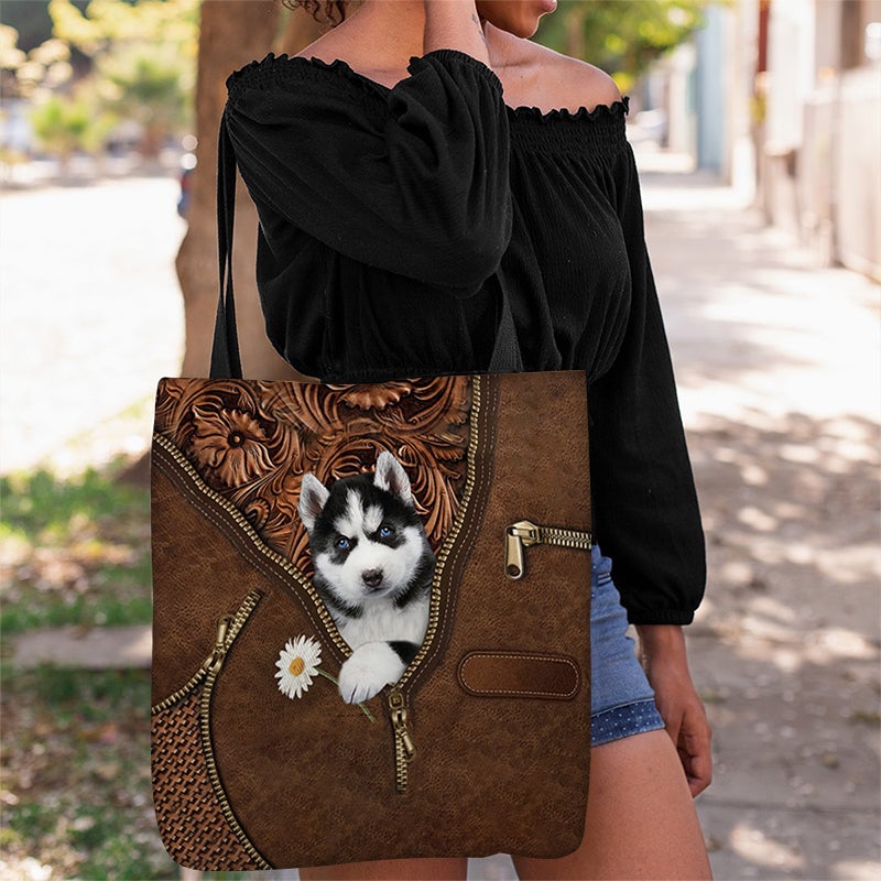 Husky 2 Holding Daisy Tote Bag