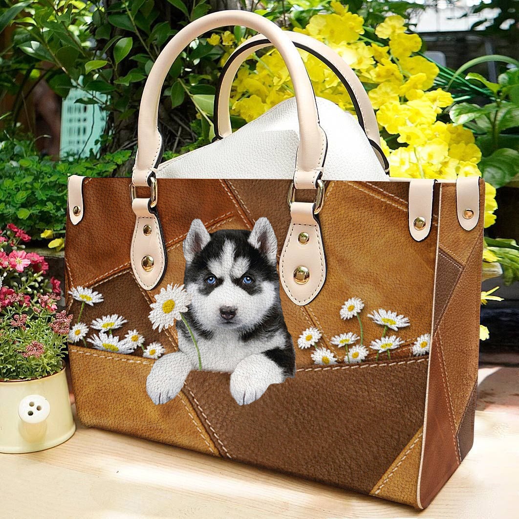 Husky Holding Daisy Leather Bag