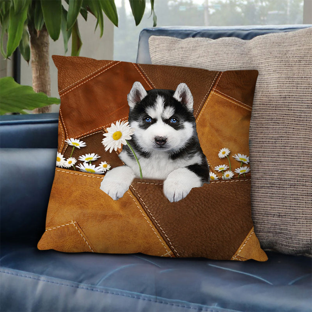 Husky Holding Daisy Pillow Case