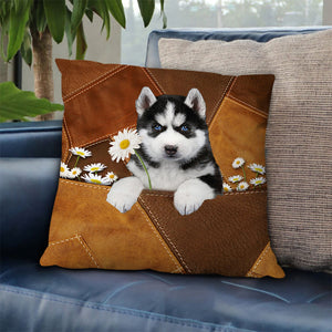 Husky Holding Daisy Pillow Case