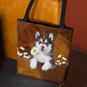 Husky Holding Daisy All Over Printed Tote Bag