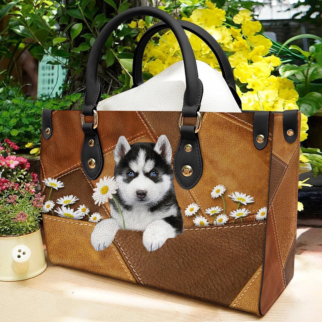 Husky Holding Daisy Leather Bag