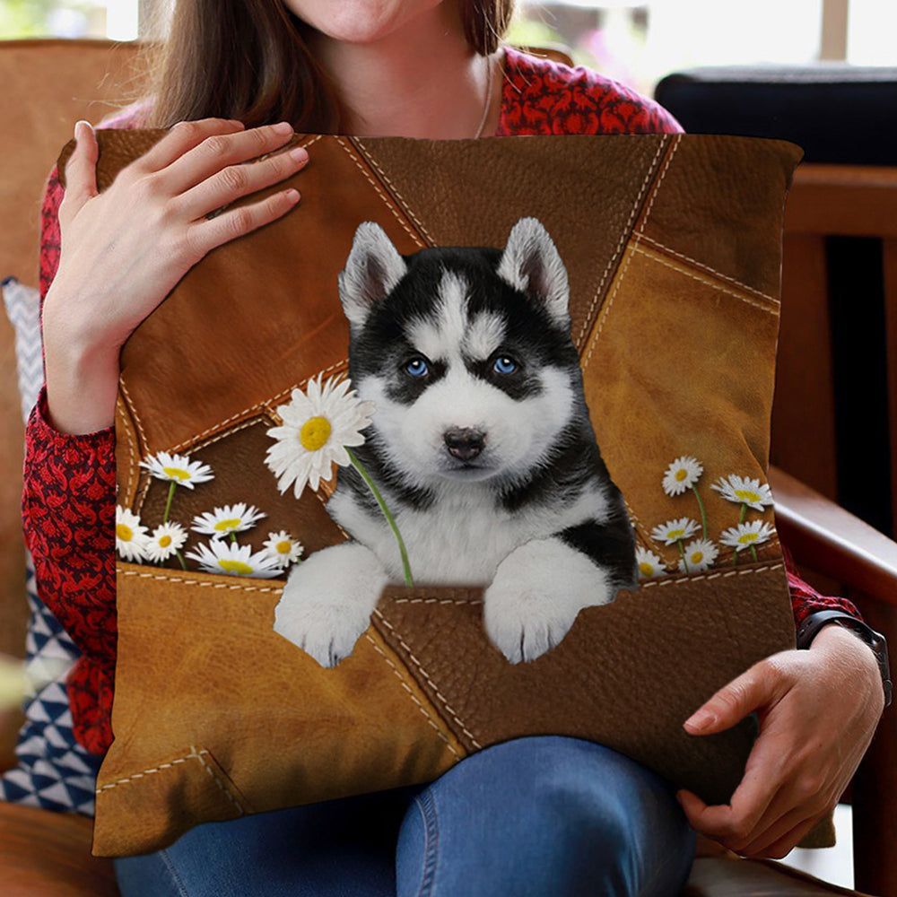 Husky Holding Daisy Pillow Case
