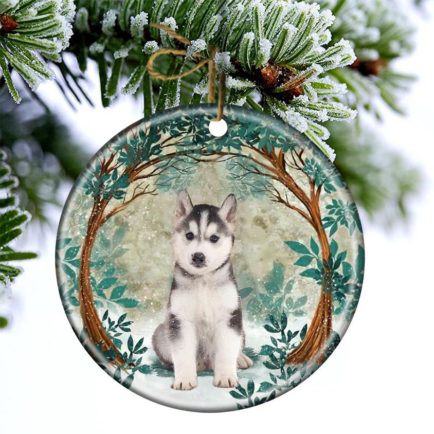 Husky Puppy Among Forest Porcelain/Ceramic Ornament