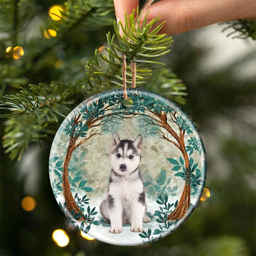 Husky Puppy Among Forest Porcelain/Ceramic Ornament