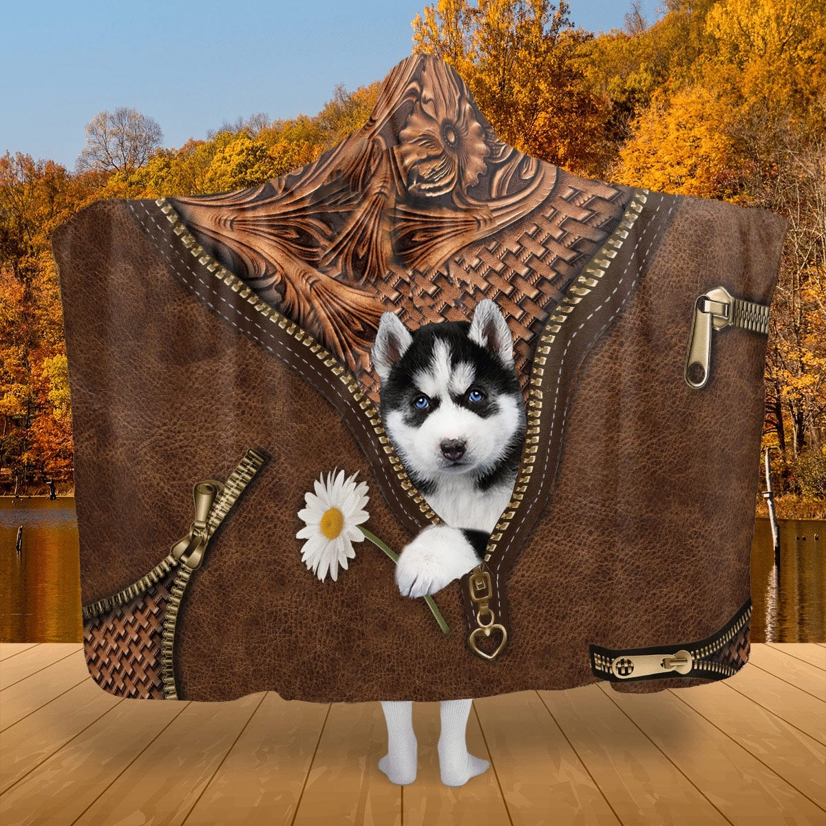 Husky Holding Daisy Hooded Blanket