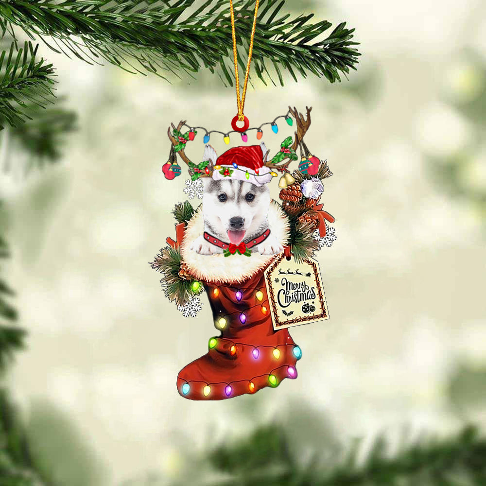 Husky In Red Boot Christmas Ornament
