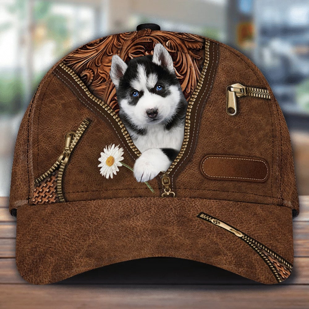 Husky Holding Daisy Unisex Cap