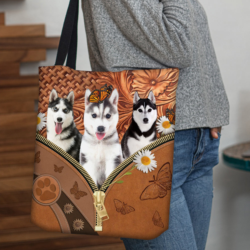 Husky Daisy Flower And Butterfly Tote Bag