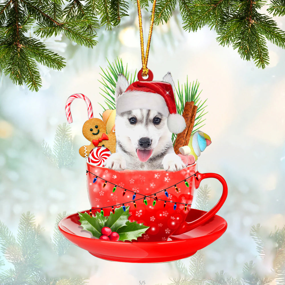 Husky In Cup Merry Christmas Ornament