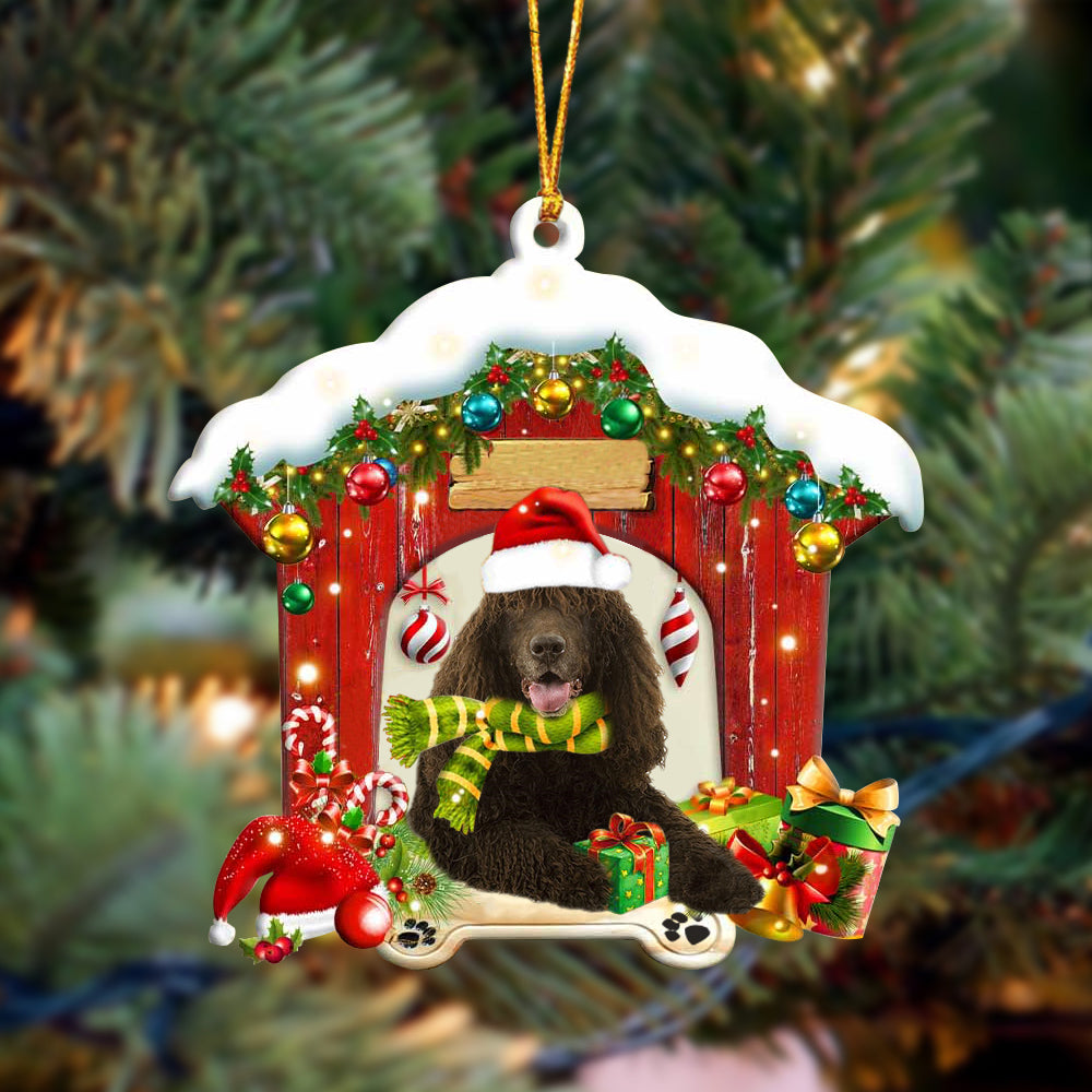 Irish Water Spaniel In Red Wood House Christmas Ornament