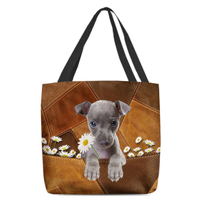 Italian Greyhound Holding Daisy All Over Printed Tote Bag