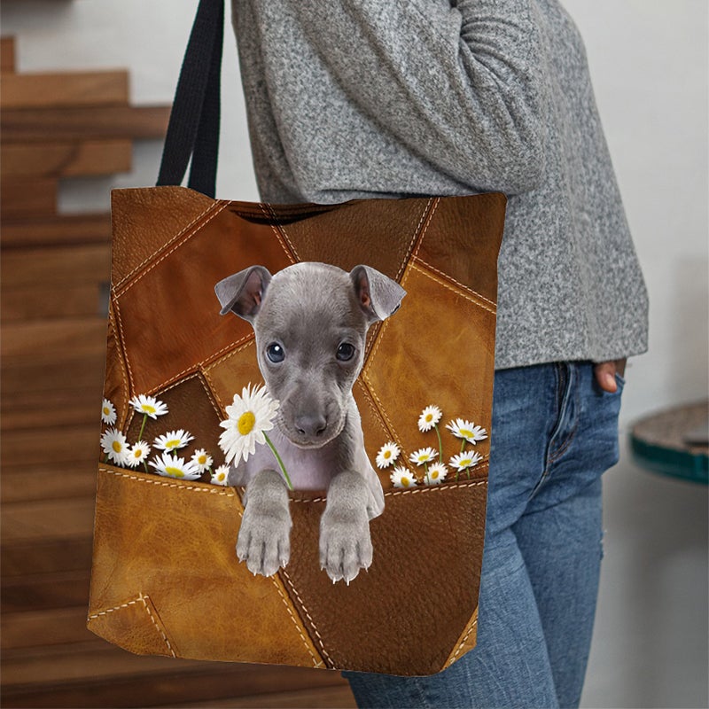 Italian Greyhound Holding Daisy All Over Printed Tote Bag