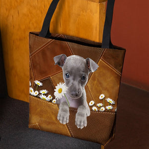 Italian Greyhound Holding Daisy All Over Printed Tote Bag