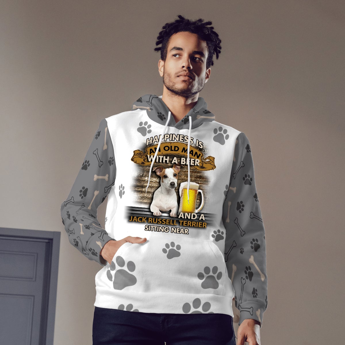 Happiness Is An Old Man With A Beer And A  Jack Russell Terrier Hoodie
