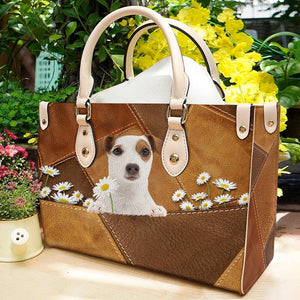 Jack Russell Terrier Holding Daisy Leather Bag