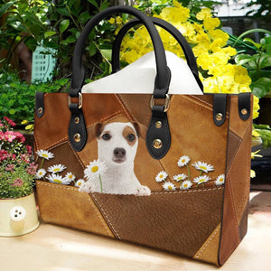 Jack Russell Terrier Holding Daisy Leather Bag