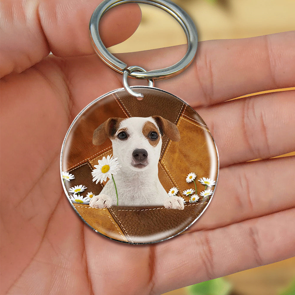 Jack Russell Terrier Holding Daisy-Round Resin Epoxy Metal Keychain