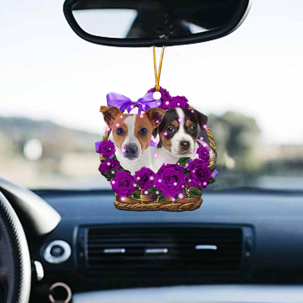 Jack Russell Terrier Purple Rose Wicker Basket Car Hanging Ornament