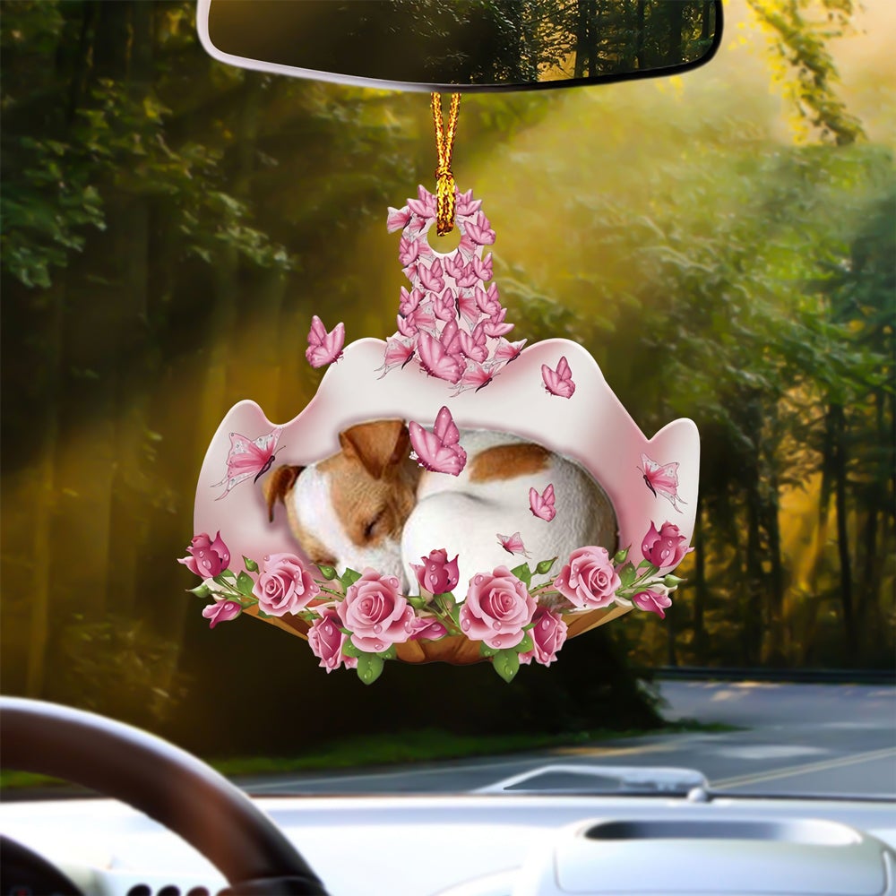 Jack Russell Terrier Sleeping In Rose Garden Car Hanging Ornament