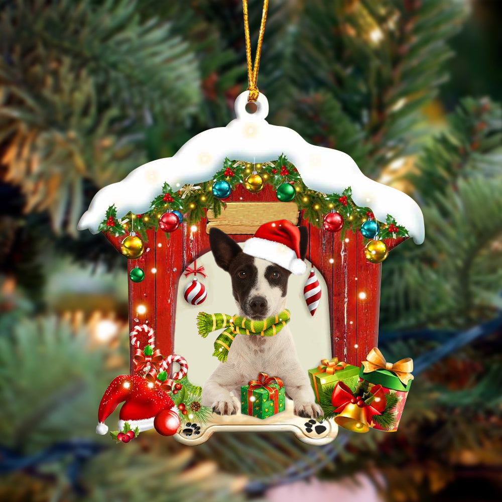 Jack Russell Terrier In Red Wood House Christmas Ornament