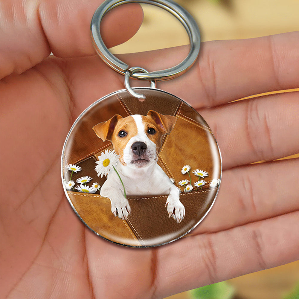 Jack Russell Terrier02 Holding Daisy-Round Resin Epoxy Metal Keychain