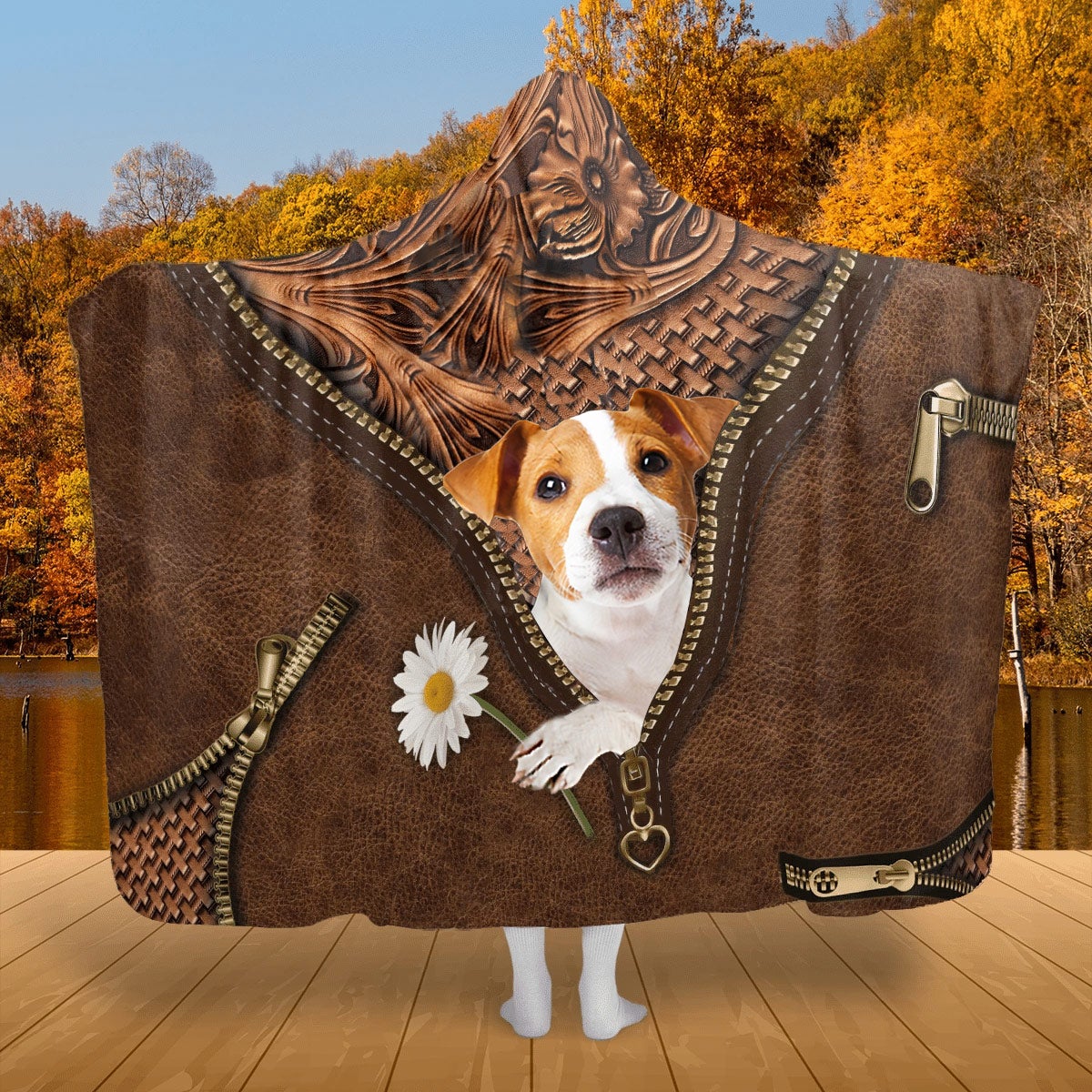 Jack Russell Terrier Holding Daisy Hooded Blanket