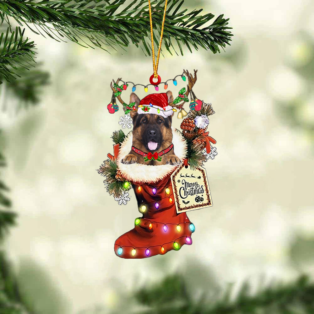 LONG HAIRED German Shepherd In Red Boot Christmas Ornament