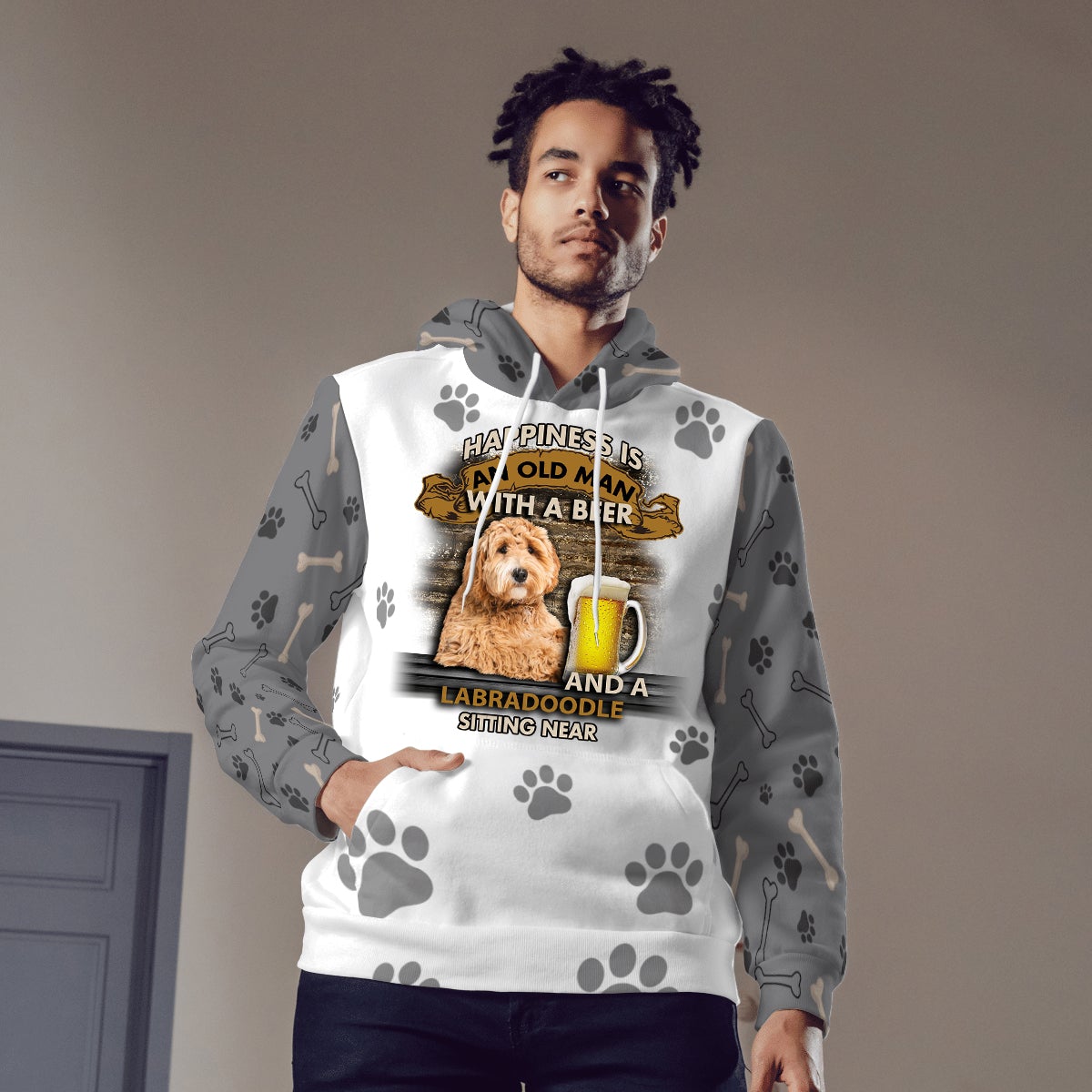 Happiness Is An Old Man With A Beer And A Labradoodle Hoodie