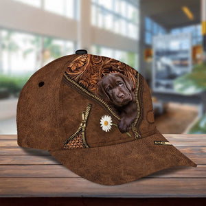 Chocolate Labrador Holding Daisy Unisex Cap