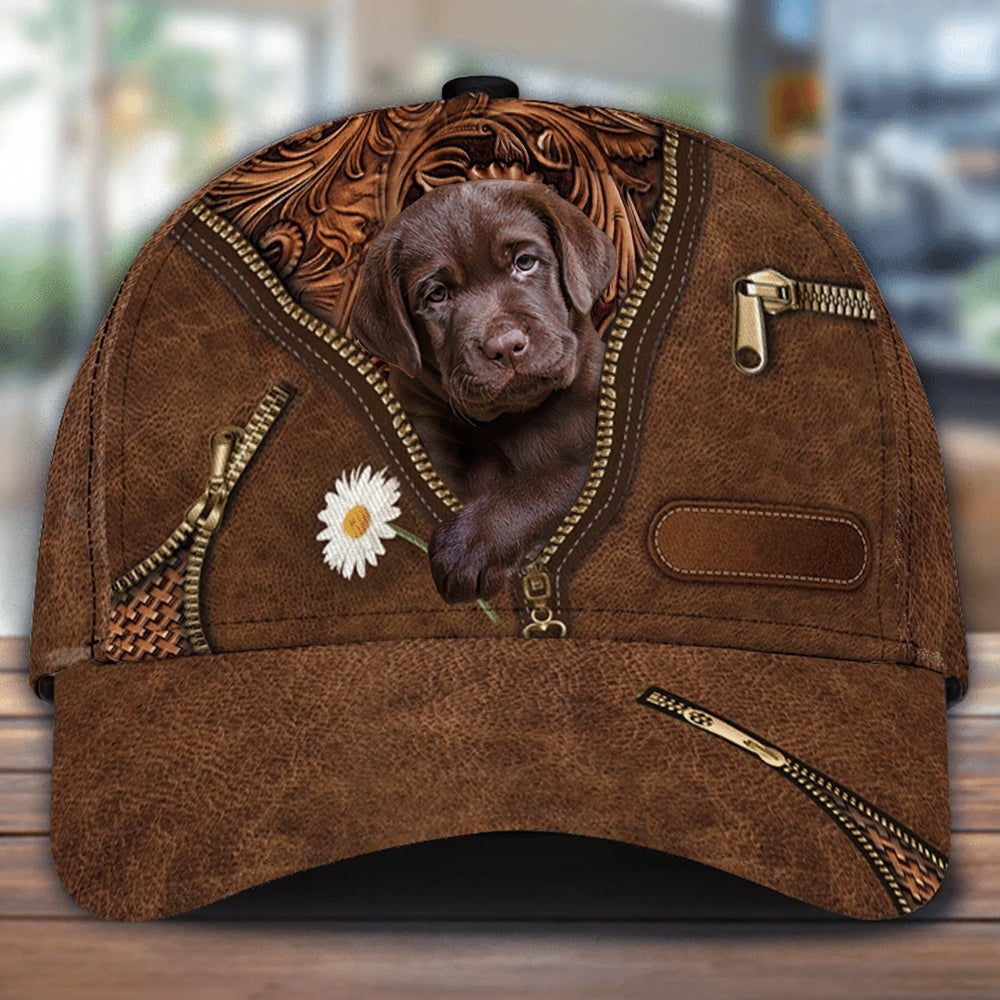 Chocolate Labrador Holding Daisy Unisex Cap
